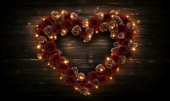 AI generated Red roses and candles on wooden background. Valentines day concept. photo