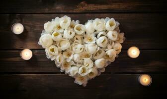 AI generated White roses and candles on a wooden background in the shape of a heart photo
