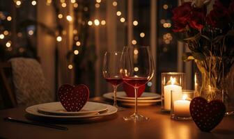 AI generated Romantic dinner with two glasses of red wine on wooden table decorated with hearts and candles photo