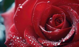 AI generated Red rose with water drops close-up, shallow depth of field photo