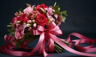 AI generated Bouquet of flowers with pink ribbon on a black background. photo