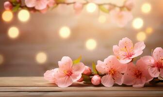 AI generated peach blossom on wooden table with bokeh light background photo