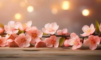 AI generated Blossoming branch of peach on a wooden background with copy space photo