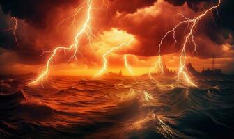 AI generated Fiery thunderstorm over the sea. Thunderstorm and lightning in the night sky. photo