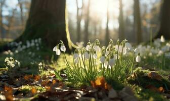 AI generated Beautiful snowdrop flowers growing in forest, closeup. Early spring. Selective focus, bokeh light photo