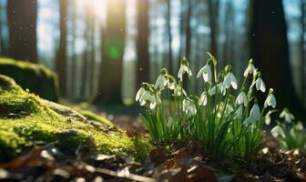 AI generated Beautiful snowdrop flowers growing in forest, closeup. Early spring. Selective focus, bokeh light photo