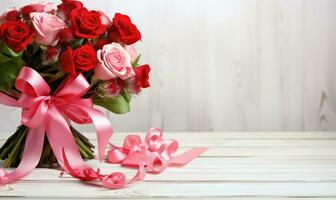 AI generated Bouquet of red roses on white wooden background with copy space photo