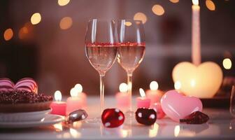 AI generated Two glasses of rose wine and two heart-shaped chocolate candies photo