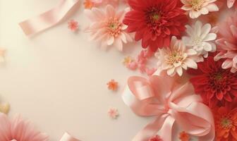 AI generated Top view of pink and white flowers on white background with copy space photo