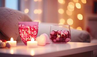 AI generated a beautiful set with two crystal glasses with pink wine on table, burning candles and decoration with chocolate hearts. valentine's day holiday photo