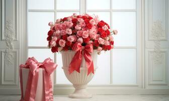 AI generated Bouquet of beautiful roses in vase on white wooden table photo