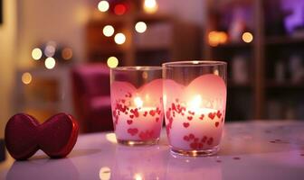 AI generated Candles in glass with heart on table in room, closeup photo