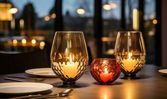 ai generado San Valentín día, romántico cena con dos lentes de vino, velas y corazones foto