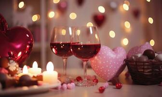 AI generated Two glasses of red wine, heart shaped candies, candles and bokeh lights on background photo