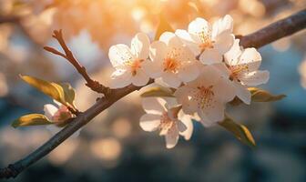 AI generated Blossoming branch of peach in the rays of the setting sun photo