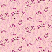 Stylized pink seamless pattern with creative berries branches and leaves stem. Vector hand drawn sketch. Retro simple background with tiny floral leaf branches and drops. Design for fashion, fabric