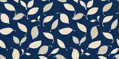 Seamless, abstract, creative leaves pattern. Cute simple leaf randomly scattered on a dark blue background. Vector hand drawn sketch. Template for design, fabric, fashion