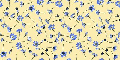 Art simple blue tiny floral pattern on a yellow background. Vector hand drawn sketch. Creative shape wild flowers printing. Design for fashion, fabric, and textile.