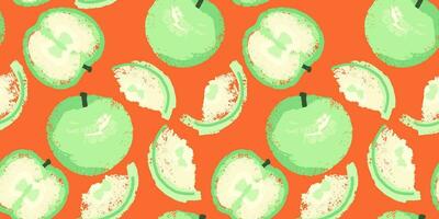 Abstract seamless pattern with apples and apple slices. Stylized, creative vector hand drawn fruits. Summer background. Shape apple textured printing.