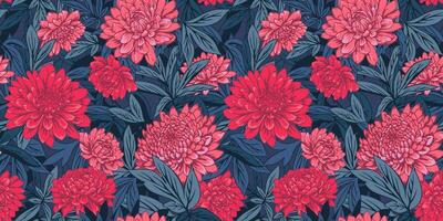 Artistic abstract flowers and leaves stem intertwined in seamless pattern. Vector hand drawn. Colorful  red floral and blue leaf background. Stylized peonies, dahlias printing. Design for fashion