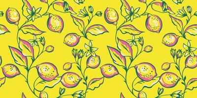 Abstract shape branches leaves with lemon, flowers seamless pattern. Vector hand drawn sketch brush floral. Simple summer leaf stems on a yellow printing.  Design for fabric, fashion, wallpaper