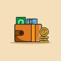 a wallet icon with money, a card coming out of the wallet, as well as a pile of gold coins next to the wallet. light yellow background, coin purse vector. vector