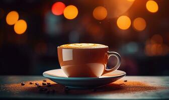 AI generated A steaming coffee cup on a saucer placed on a table with a warm, cozy cafe atmosphere and soft bokeh lights photo