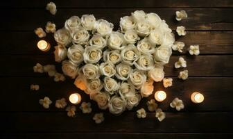 AI generated White roses and candles on a wooden background in the shape of a heart photo