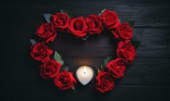 AI generated Valentine's day background with red roses and burning candle on black wooden background photo