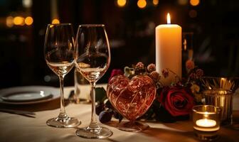 ai generado romántico cena ajuste con velas y vino lentes en mesa en restaurante foto