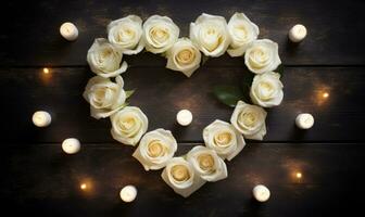 AI generated White roses and candles on a wooden background in the shape of a heart photo