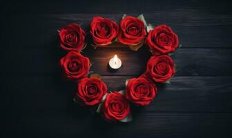 AI generated Red roses and heart shaped candle on wooden table. Valentines day background photo