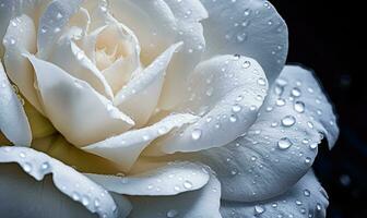 AI generated Beautiful white rose with water drops on black background. Macro. photo
