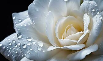 AI generated Beautiful white rose with water drops on black background. Macro. photo