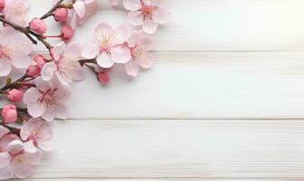 AI generated peach blossom on wooden background with copy space for your text photo