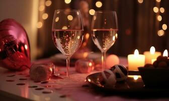 AI generated Valentine's day background with two glasses of wine, candles and hearts photo