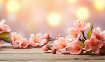AI generated Blossoming branch of peach on a wooden background with copy space photo