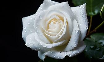 AI generated Beautiful white rose with water drops on petals close-up photo