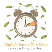 Daylight Saving Time starts in pastel colored concept with green leaves. Alarm-clock with hand points forward. Minimalistic poster DST begin in USA for web and info. vector