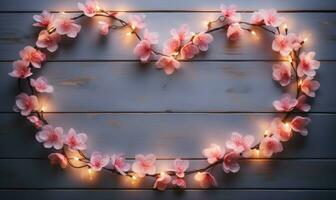 AI generated Valentine's day background with pink peach blossoms heart shaped light bulbs photo