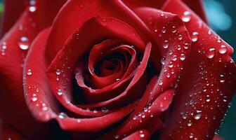 AI generated Beautiful red rose with water drops close-up on a dark background photo