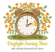 Daylight Saving Time begins flower concept. Change your clocks forward an hour. Alarm with hand points ahead. Summertime starts for web, email. Flat reminder vector illustration.
