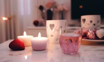 AI generated Candles in glass with heart on table in room, closeup photo