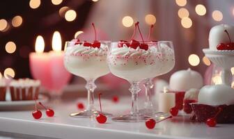 AI generated Delicious cherry desserts with candles on table in room decorated for birthday party photo