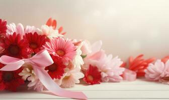 ai generado ramo de flores de rojo y blanco rosas con un arco en un ligero antecedentes foto