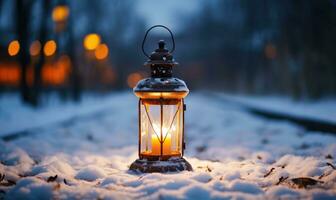 AI generated Lantern on the railway at night. Beautiful winter landscape. photo