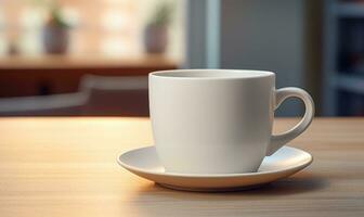 AI generated A cup of coffee with latte art on a saucer surrounded by warm light that invokes a cozy morning atmosphere photo
