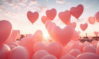 AI generated Red balloons in the blue sky. Horizontal banner. Valentine's day background with heart-shaped balloons in bright blue sky. photo