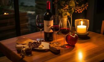 AI generated Romantic dinner with two glasses of red wine on wooden table decorated with hearts and candles photo