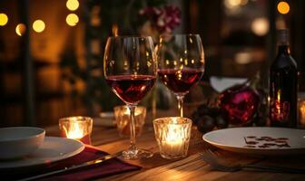 AI generated Romantic dinner setting with roses and candles on wooden table in restaurant photo